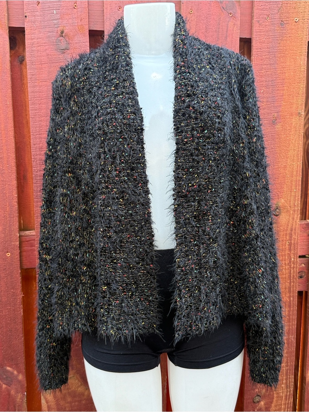 Lauren Michelle Black Eyelash Knit Confetti Fluff Cardigan Jacket Sweater Size M